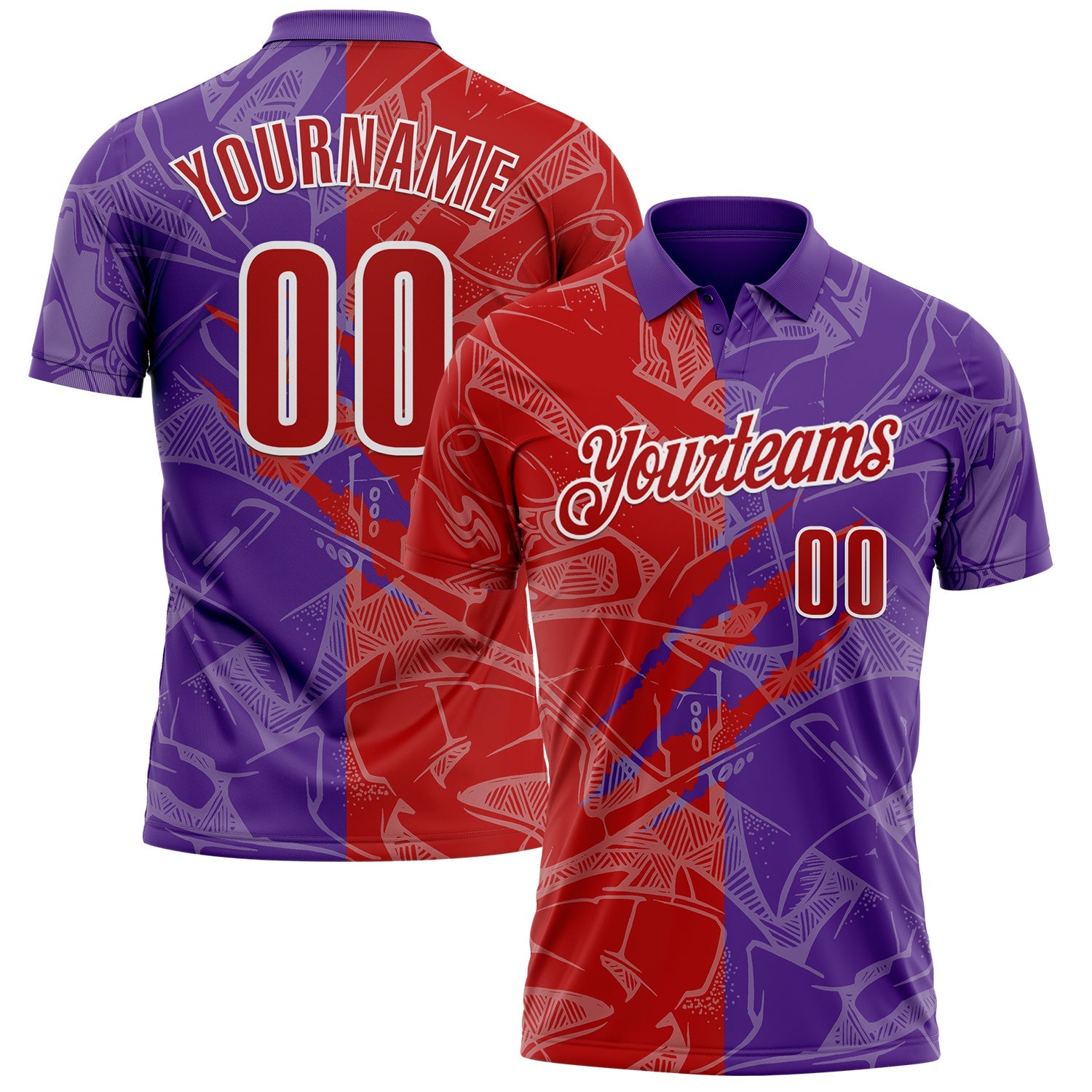 Custom Graffiti Pattern Red Purple-White 3D Scratch Performance Polo Shirt - Main View