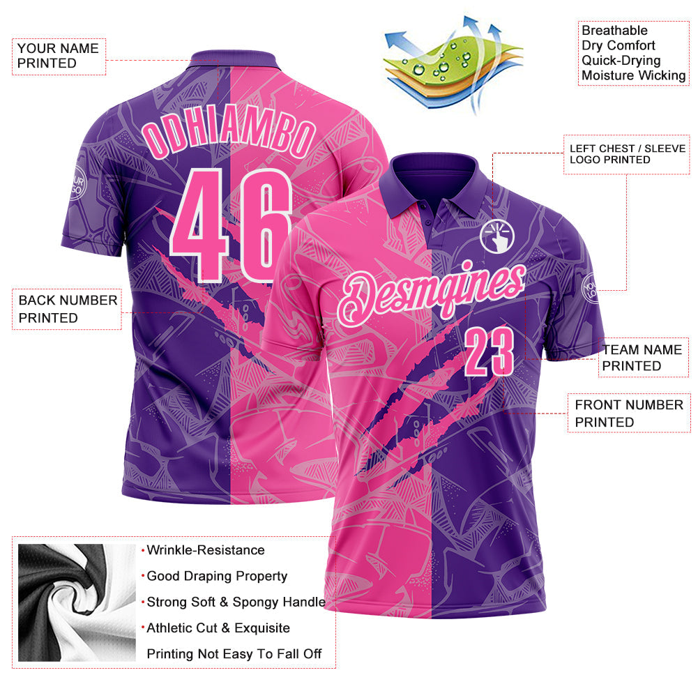 Custom Graffiti Pattern Pink Purple-White 3D Scratch Performance Polo Shirt view 3