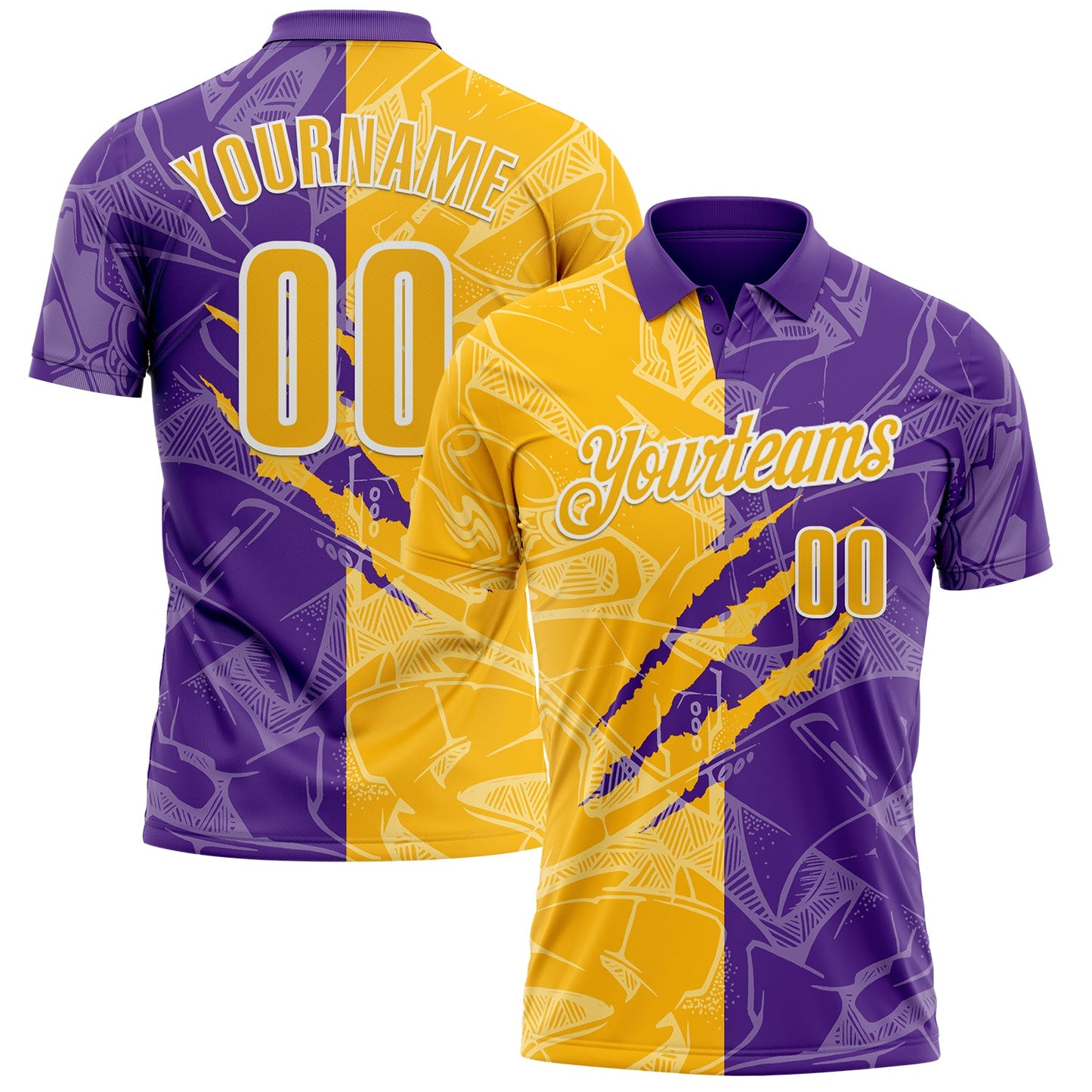 Custom Graffiti Pattern Gold Purple-White 3D Scratch Performance Polo Shirt - Main View