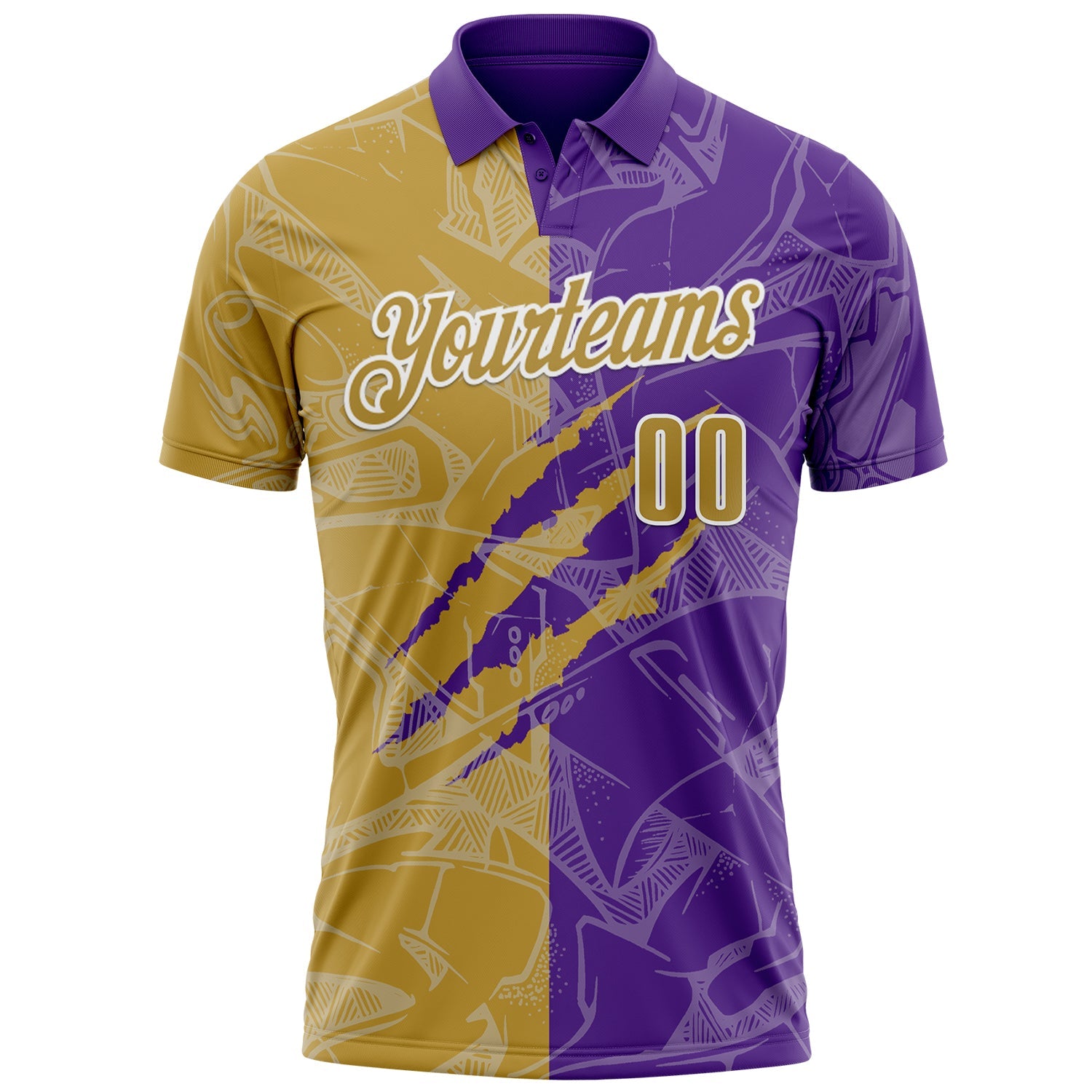 Custom Graffiti Pattern Old Gold Purple-White 3D Scratch Performance Polo Shirt view 2