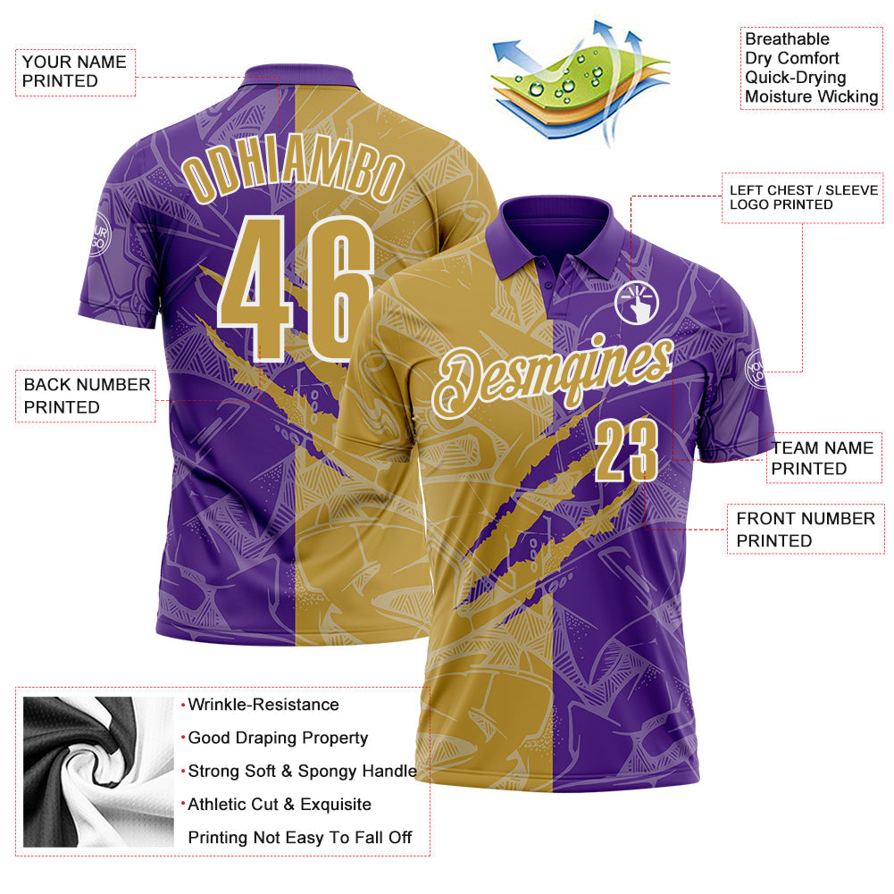 Custom Graffiti Pattern Old Gold Purple-White 3D Scratch Performance Polo Shirt view 3