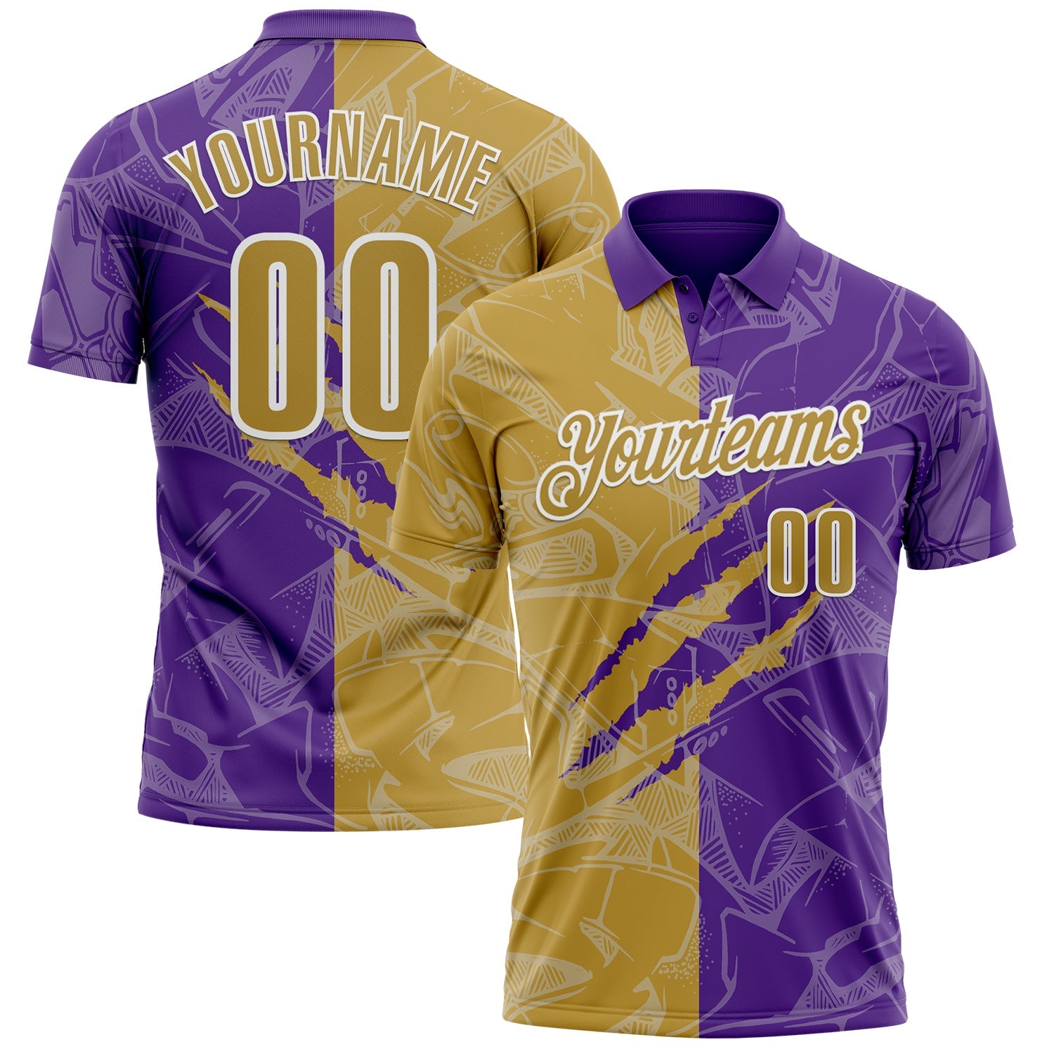 Custom Graffiti Pattern Old Gold Purple-White 3D Scratch Performance Polo Shirt - Main View