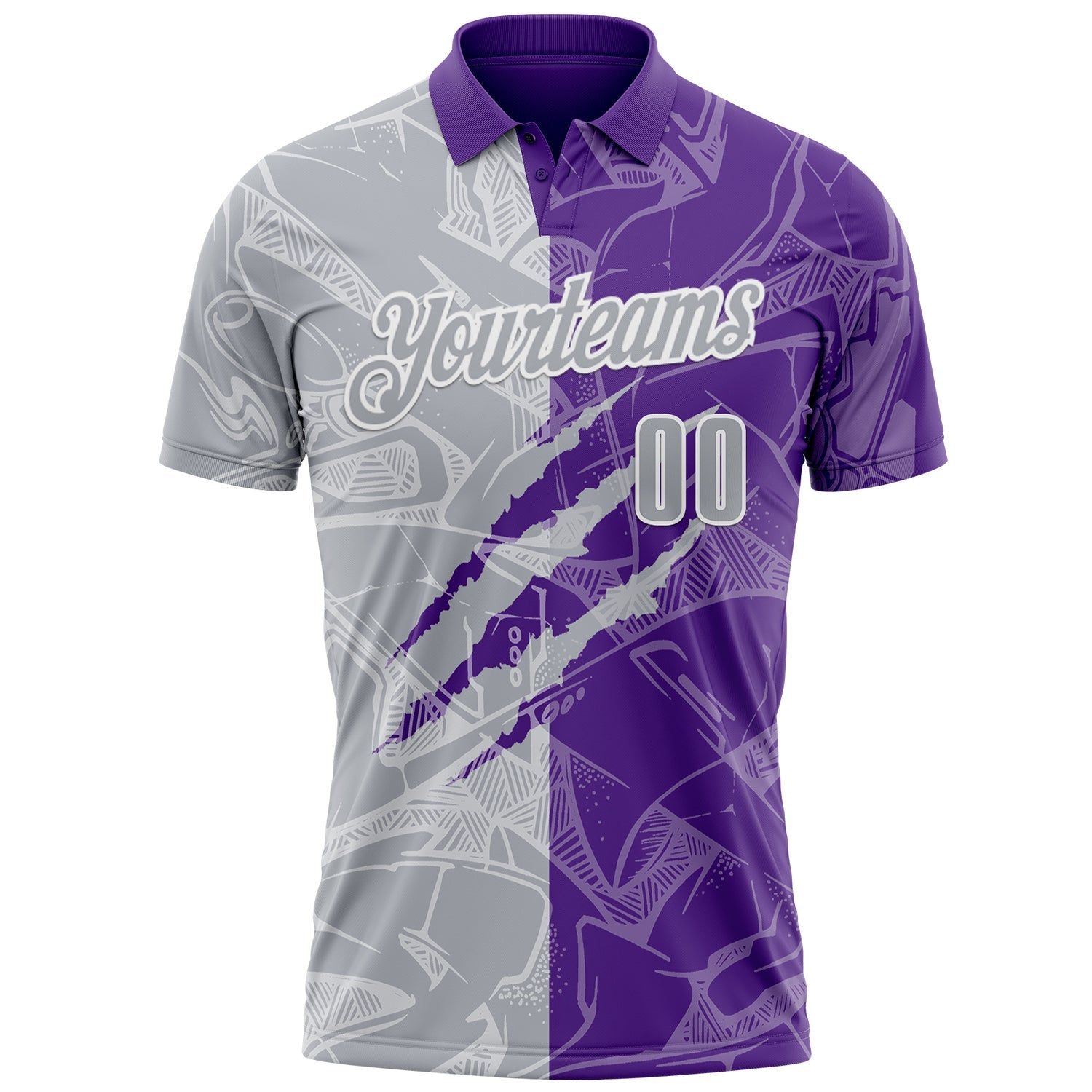 Custom Graffiti Pattern Gray Purple-White 3D Scratch Performance Polo Shirt view 2