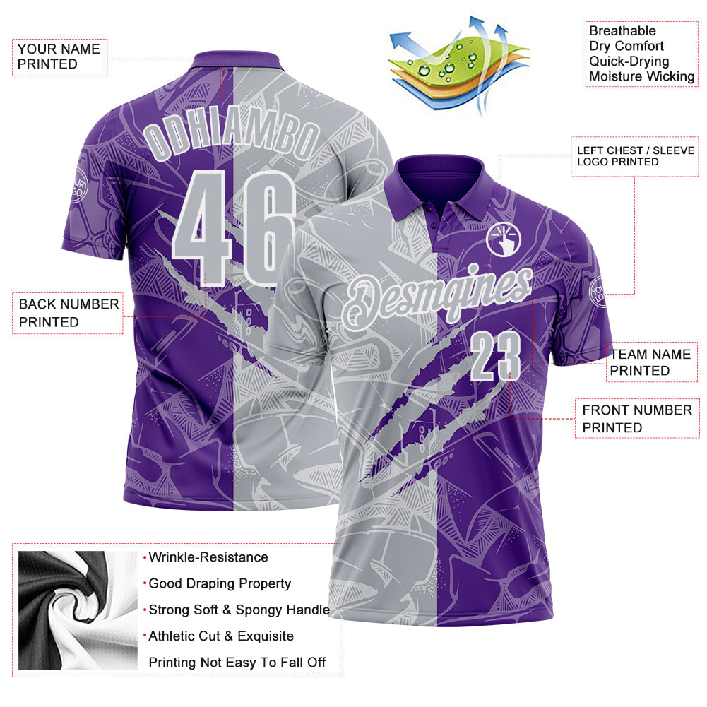 Custom Graffiti Pattern Gray Purple-White 3D Scratch Performance Polo Shirt view 3
