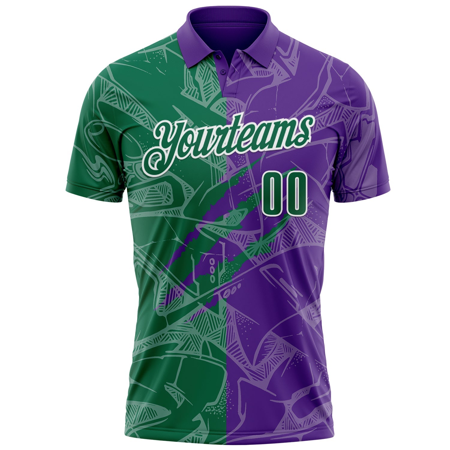 Custom Graffiti Pattern Kelly Green Purple-White 3D Scratch Performance Polo Shirt view 2