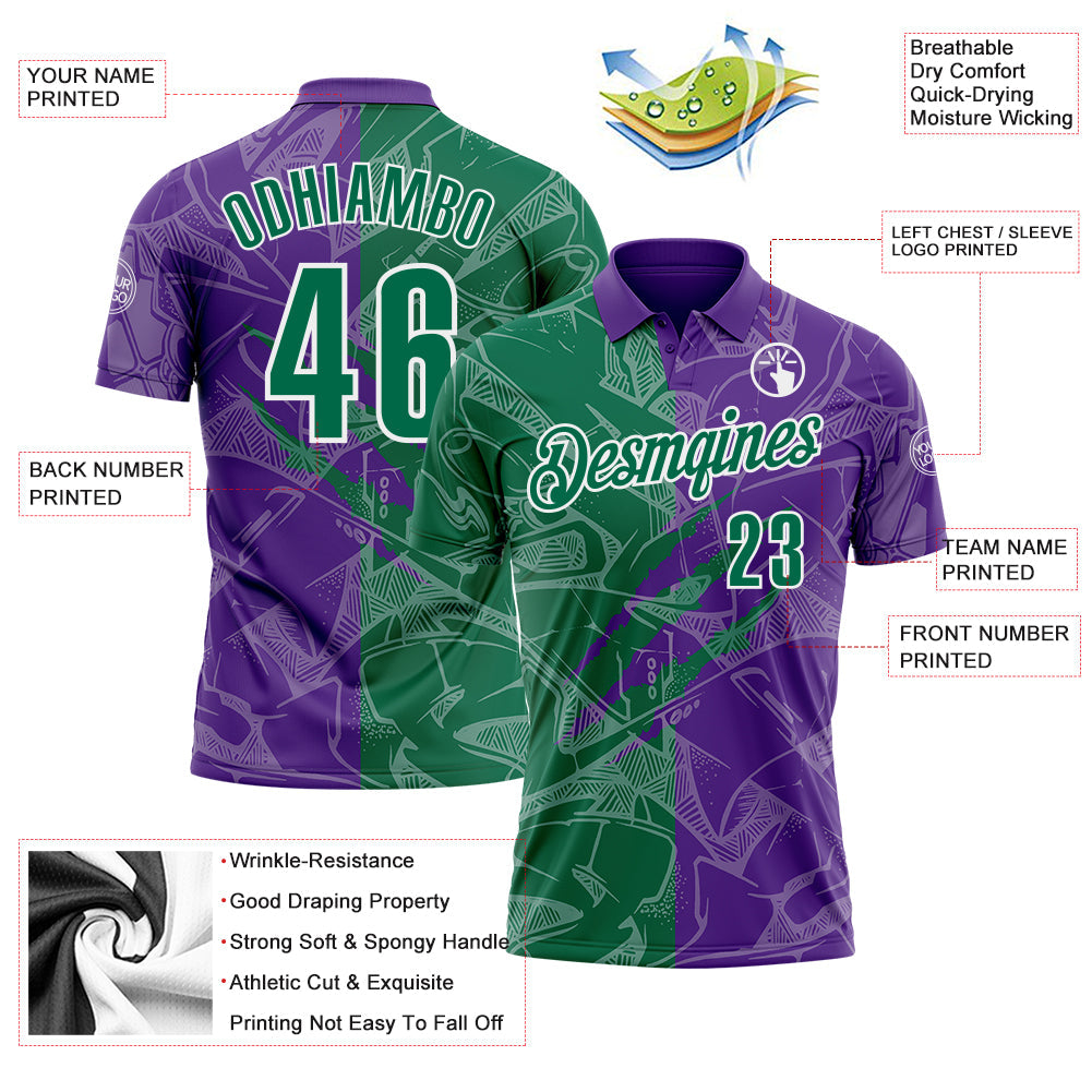 Custom Graffiti Pattern Kelly Green Purple-White 3D Scratch Performance Polo Shirt view 3