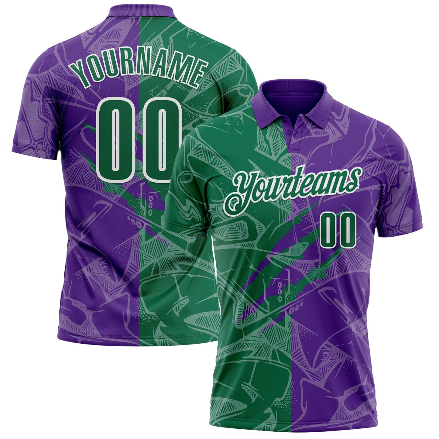 Custom Graffiti Pattern Kelly Green Purple-White 3D Scratch Performance Polo Shirt - Main View