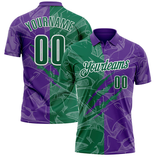 Custom Graffiti Pattern Kelly Green Purple-White 3D Scratch Performance Polo Shirt - Main View