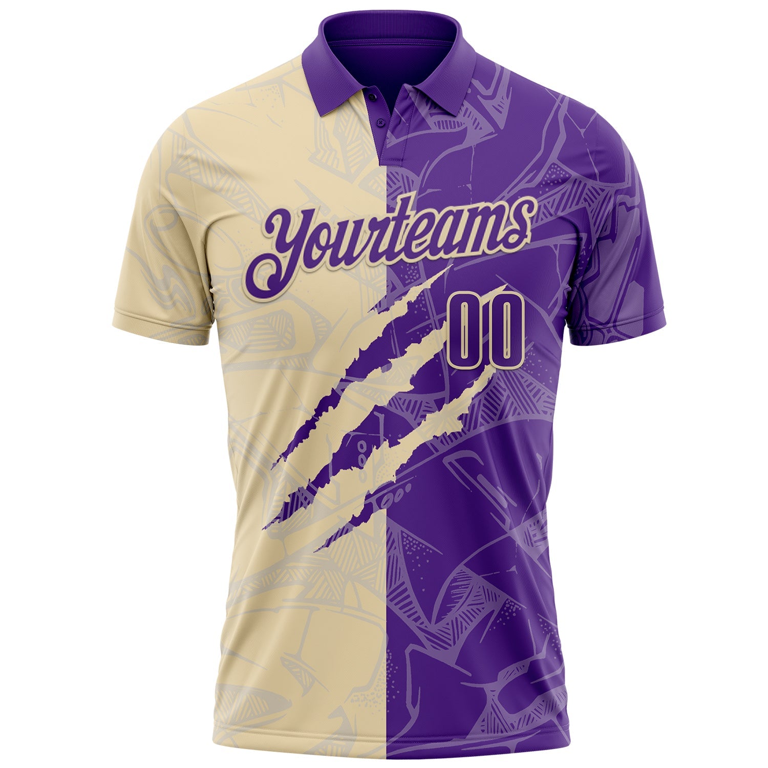 Custom Graffiti Pattern Purple-Cream 3D Scratch Performance Polo Shirt view 2