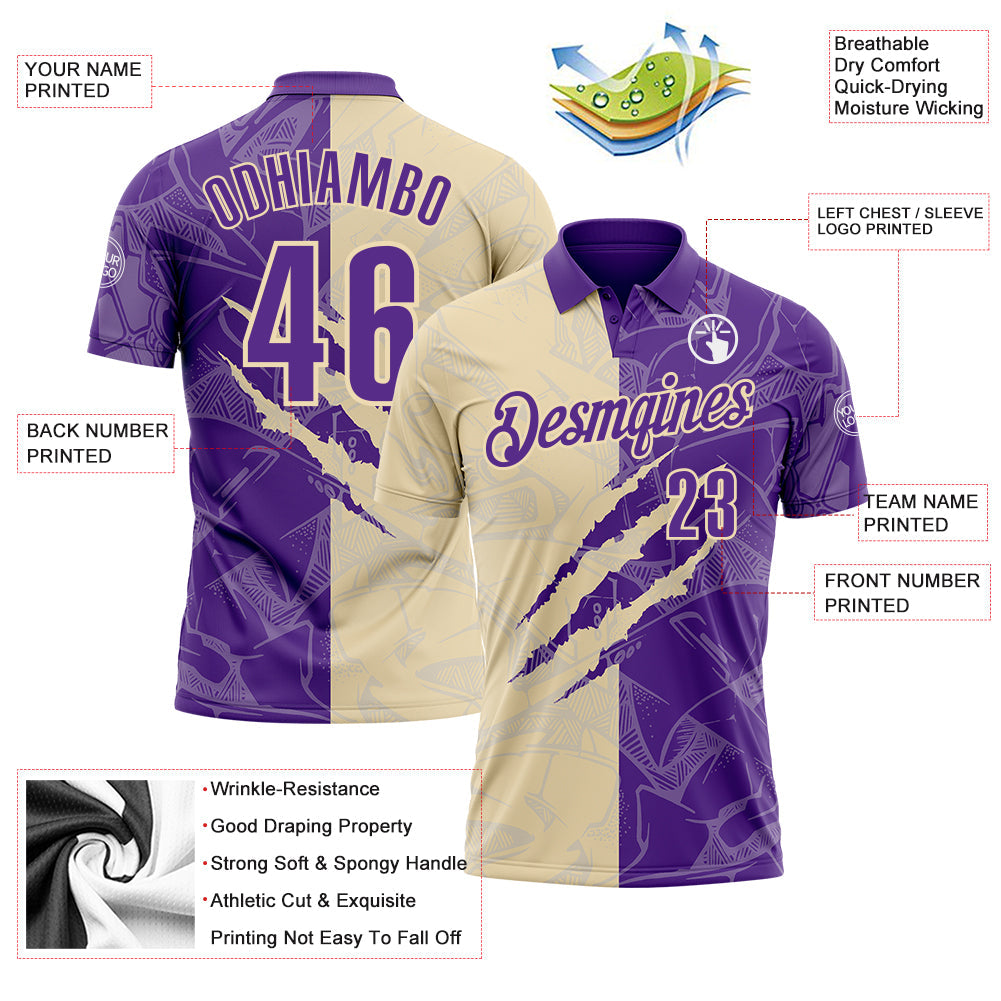 Custom Graffiti Pattern Purple-Cream 3D Scratch Performance Polo Shirt view 3