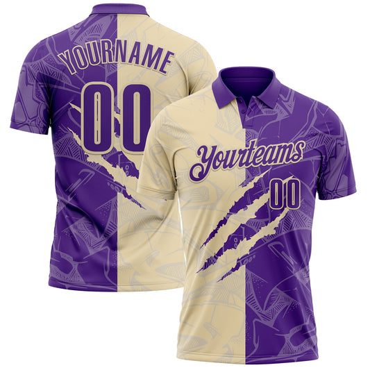 Custom Graffiti Pattern Purple-Cream 3D Scratch Performance Polo Shirt - Main View