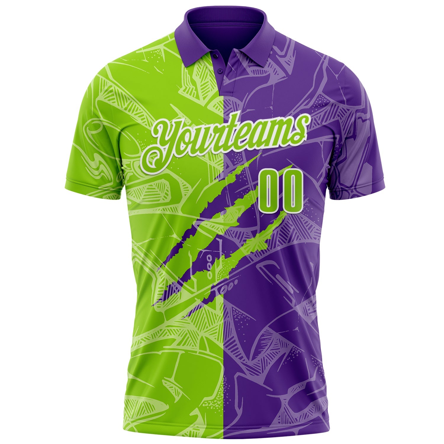 Custom Graffiti Pattern Neon Green Purple-White 3D Scratch Performance Polo Shirt view 2