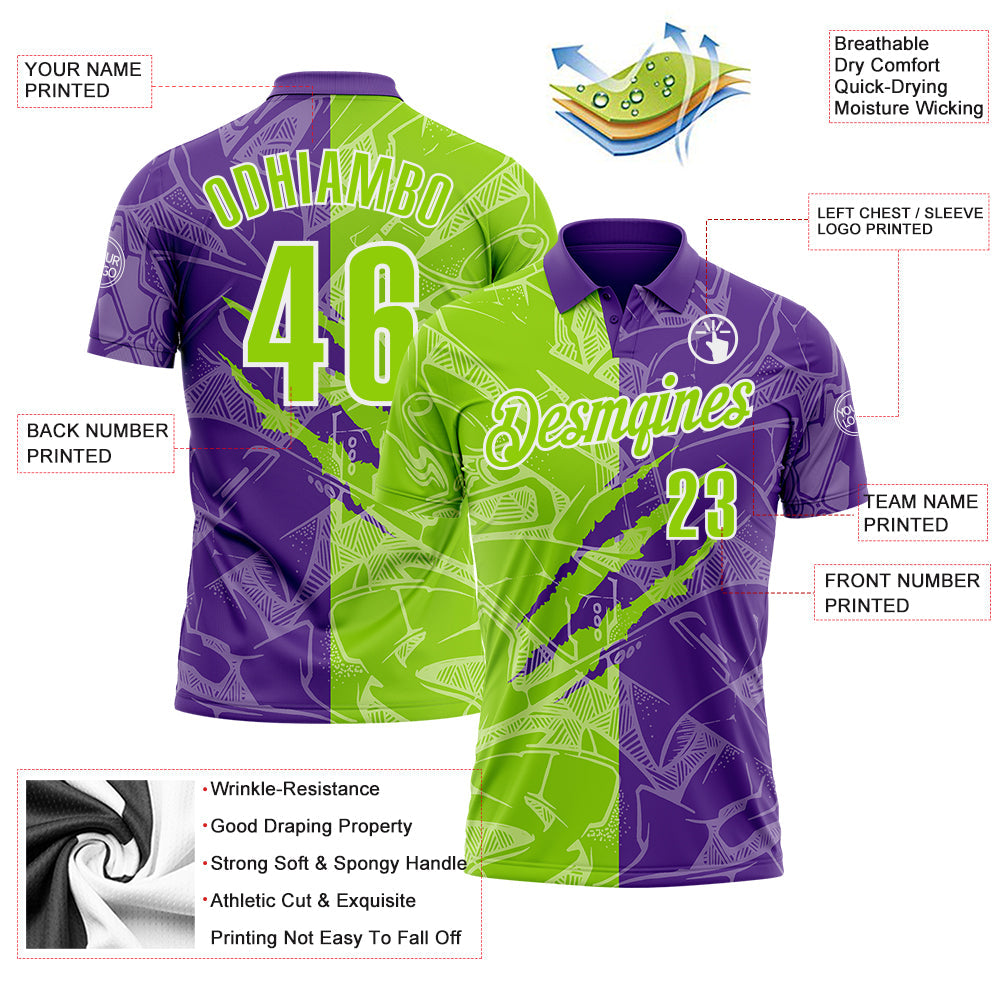 Custom Graffiti Pattern Neon Green Purple-White 3D Scratch Performance Polo Shirt view 3