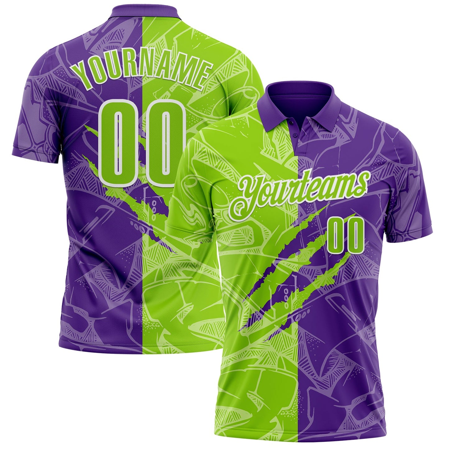 Custom Graffiti Pattern Neon Green Purple-White 3D Scratch Performance Polo Shirt - Main View
