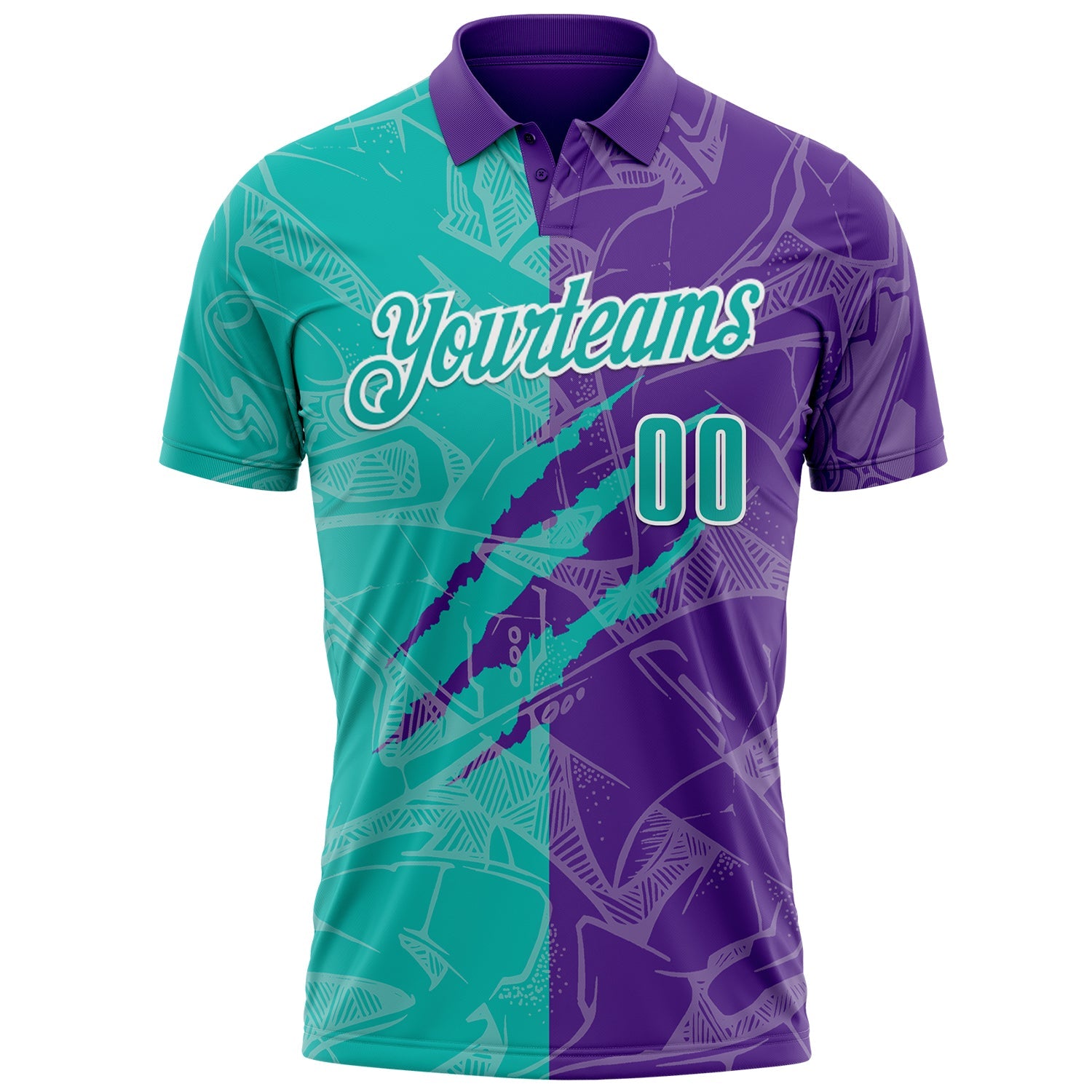 Custom Graffiti Pattern Aqua Purple-White 3D Scratch Performance Polo Shirt view 2