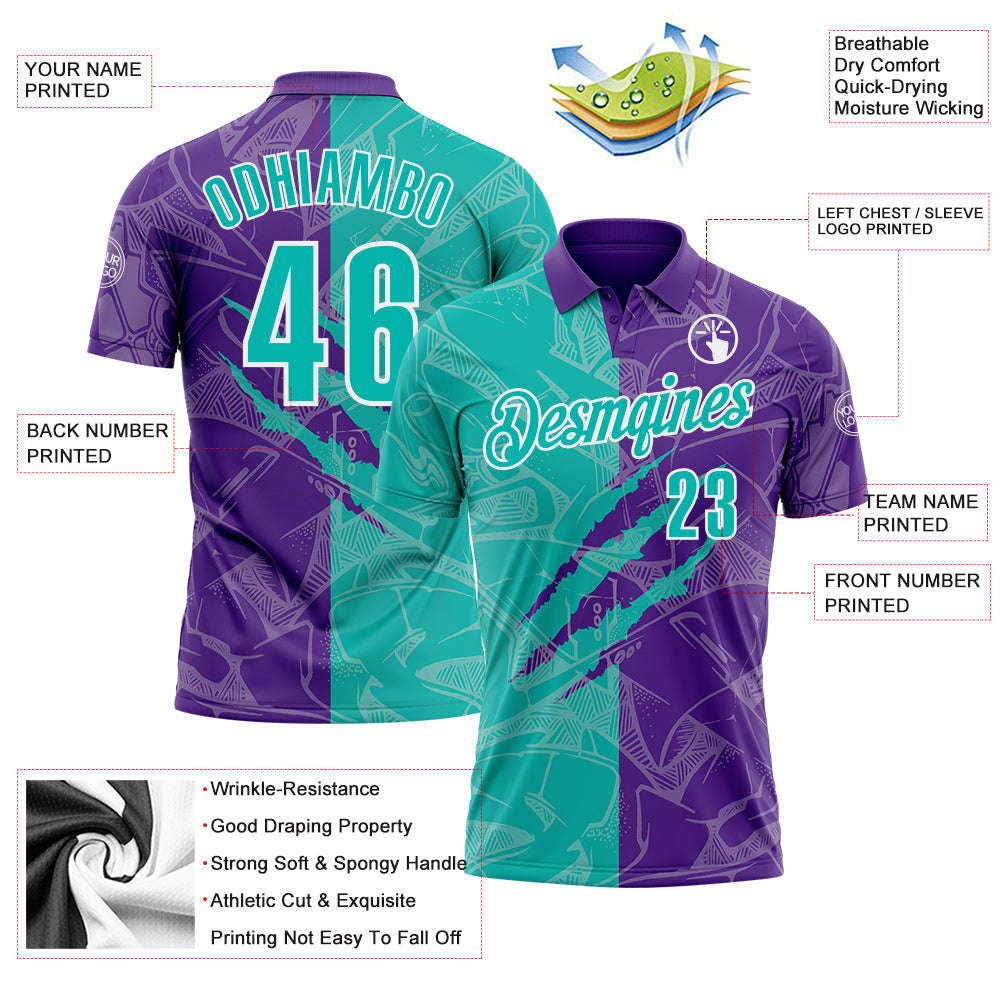 Custom Graffiti Pattern Aqua Purple-White 3D Scratch Performance Polo Shirt view 3