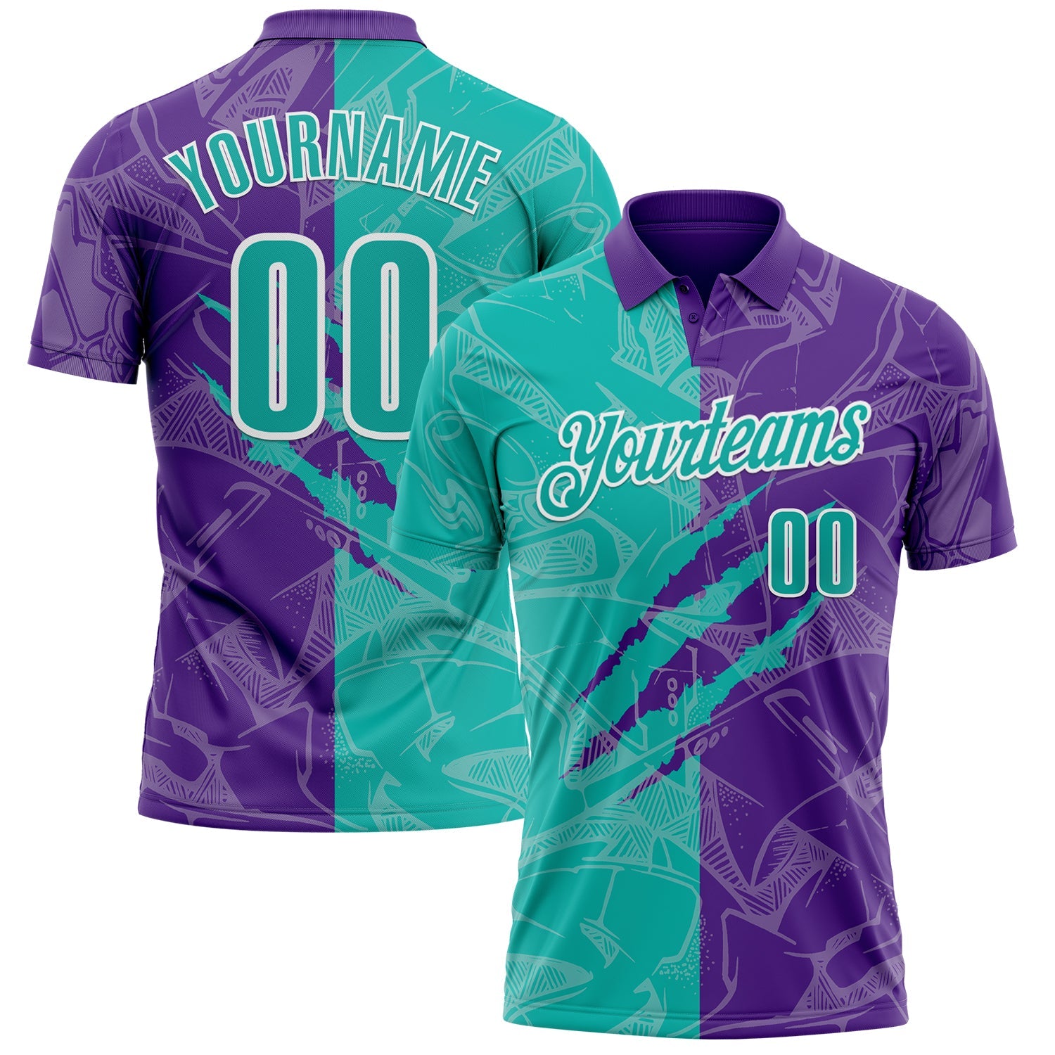 Custom Graffiti Pattern Aqua Purple-White 3D Scratch Performance Polo Shirt - Main View