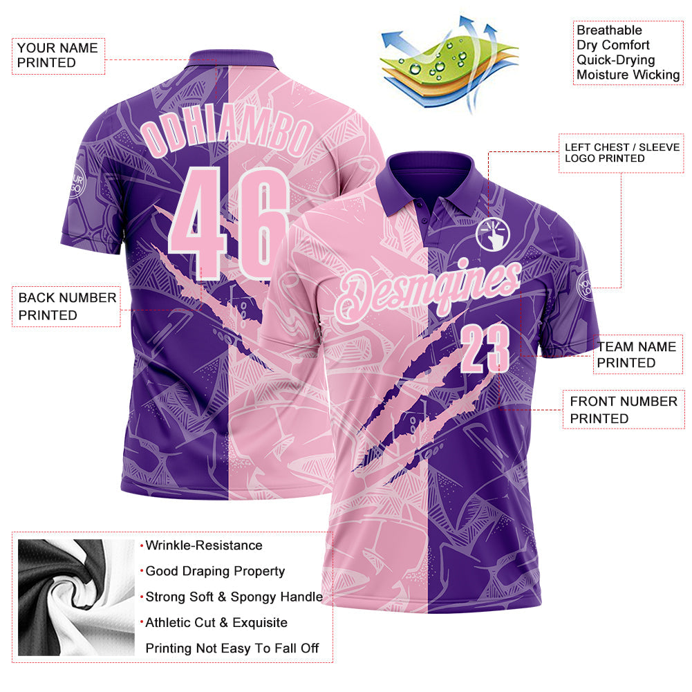 Custom Graffiti Pattern Light Pink Purple-White 3D Scratch Performance Polo Shirt view 3