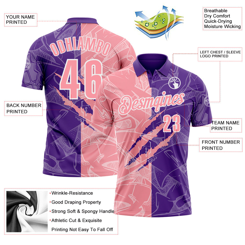 Custom Graffiti Pattern Medium Pink Purple-White 3D Scratch Performance Polo Shirt view 3