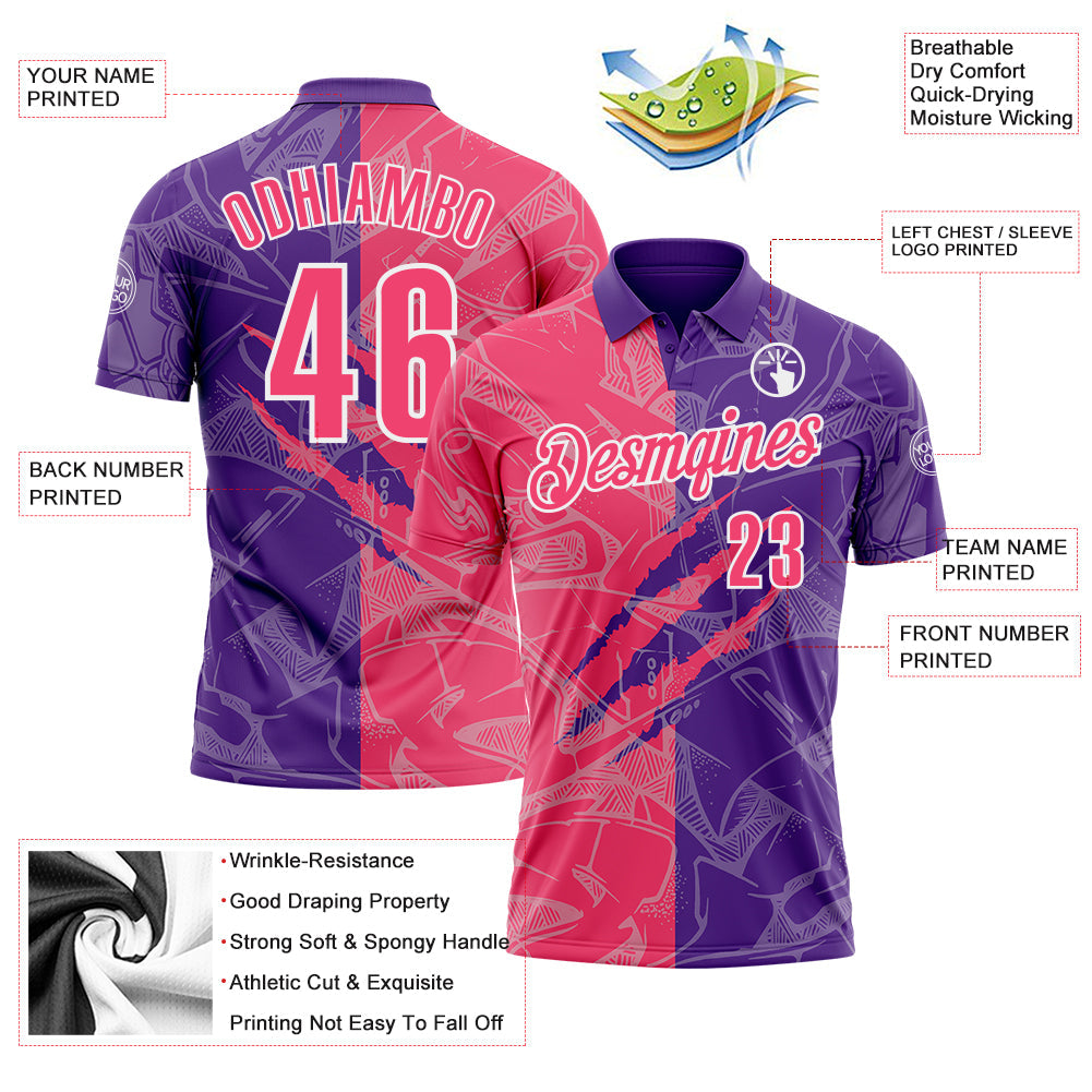 Custom Graffiti Pattern Neon Pink Purple-White 3D Scratch Performance Polo Shirt view 3