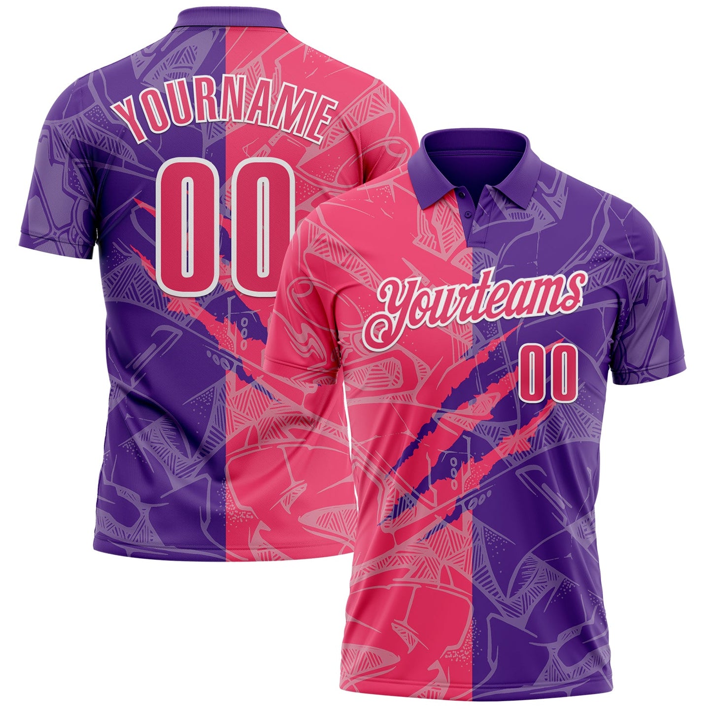 Custom Graffiti Pattern Neon Pink Purple-White 3D Scratch Performance Polo Shirt - Main View