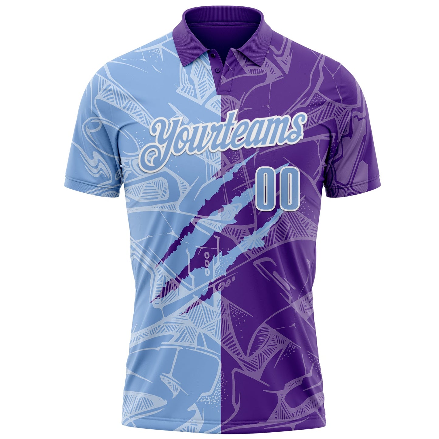 Custom Graffiti Pattern Light Blue Purple-White 3D Scratch Performance Polo Shirt view 2