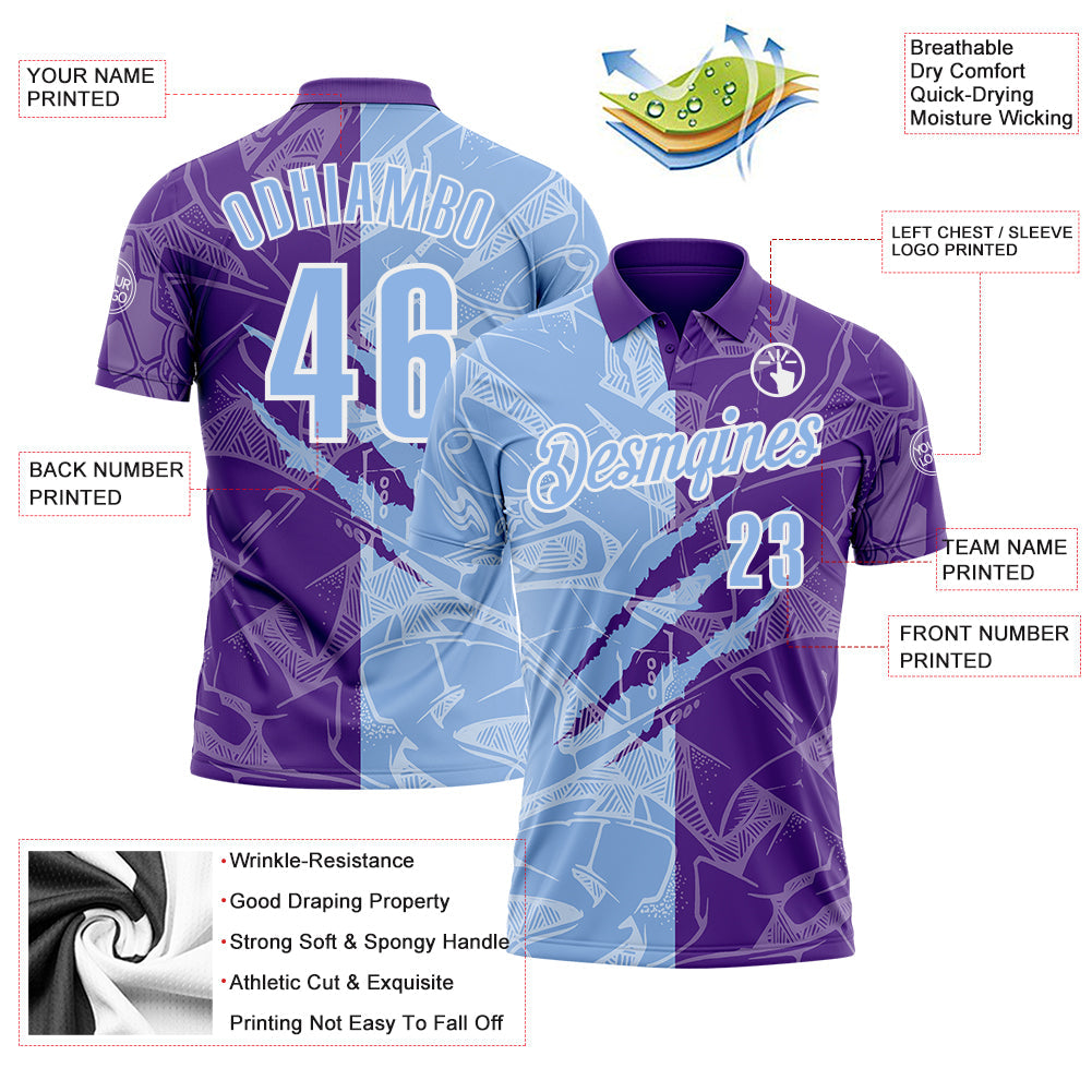 Custom Graffiti Pattern Light Blue Purple-White 3D Scratch Performance Polo Shirt view 3