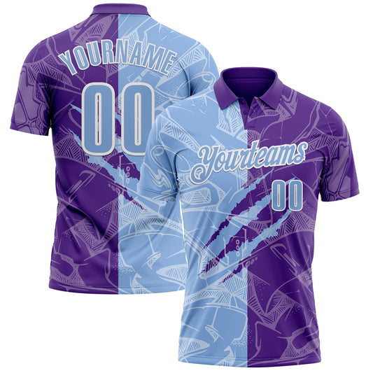 Custom Graffiti Pattern Light Blue Purple-White 3D Scratch Performance Polo Shirt - Main View