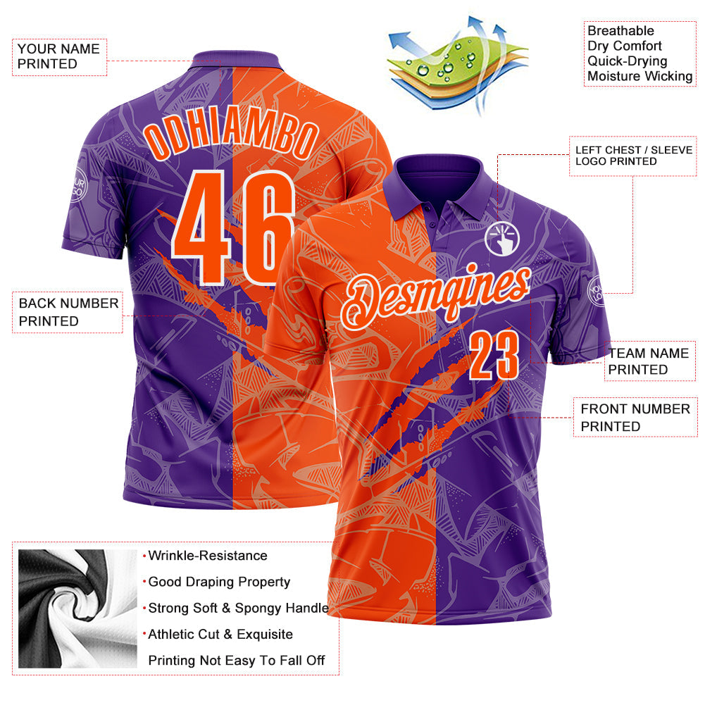 Custom Graffiti Pattern Orange Purple-White 3D Scratch Performance Polo Shirt view 3