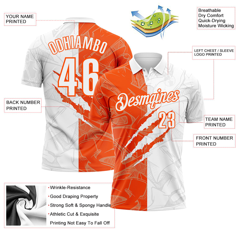 Custom Graffiti Pattern White-Orange 3D Scratch Performance Polo Shirt view 3