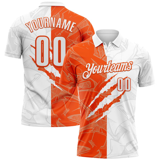 Custom Graffiti Pattern White-Orange 3D Scratch Performance Polo Shirt - Main View
