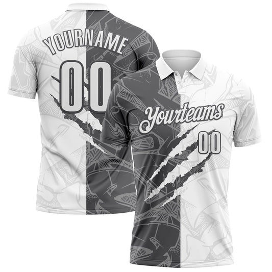 Custom Graffiti Pattern White-Steel Gray 3D Scratch Performance Polo Shirt - Main View