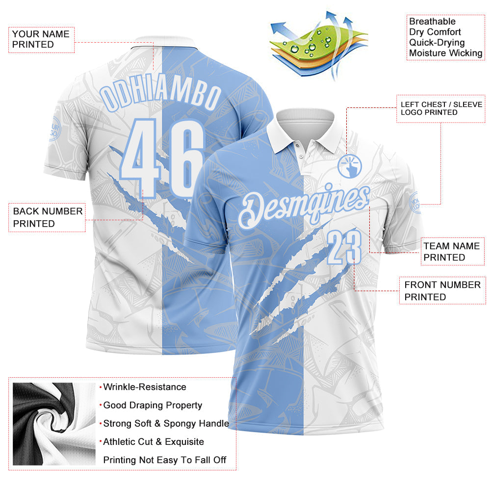 Custom Graffiti Pattern White-Light Blue 3D Scratch Performance Polo Shirt view 3