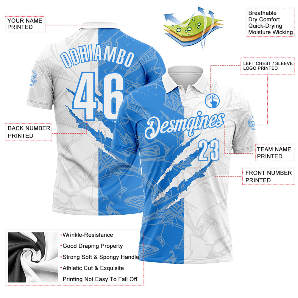 Custom Graffiti Pattern White-Powder Blue 3D Scratch Performance Polo Shirt view 3