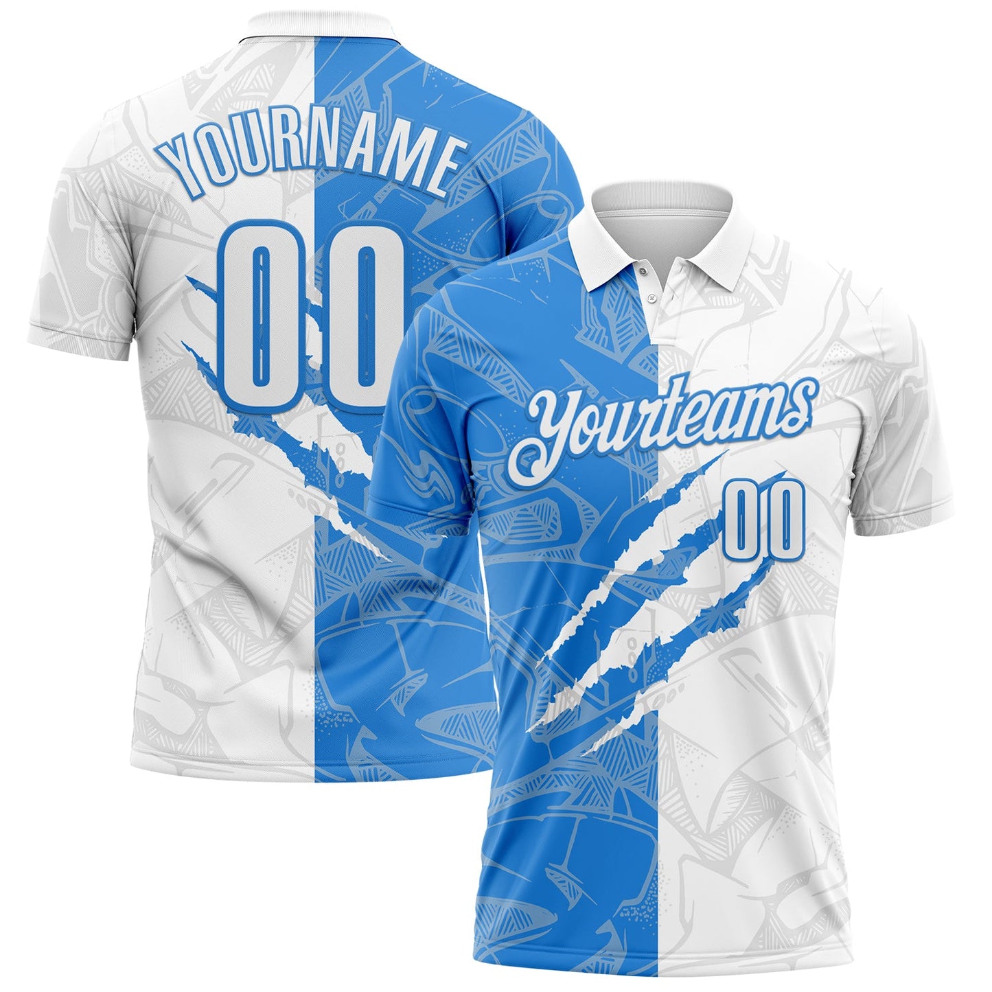 Custom Graffiti Pattern White-Powder Blue 3D Scratch Performance Polo Shirt - Main View