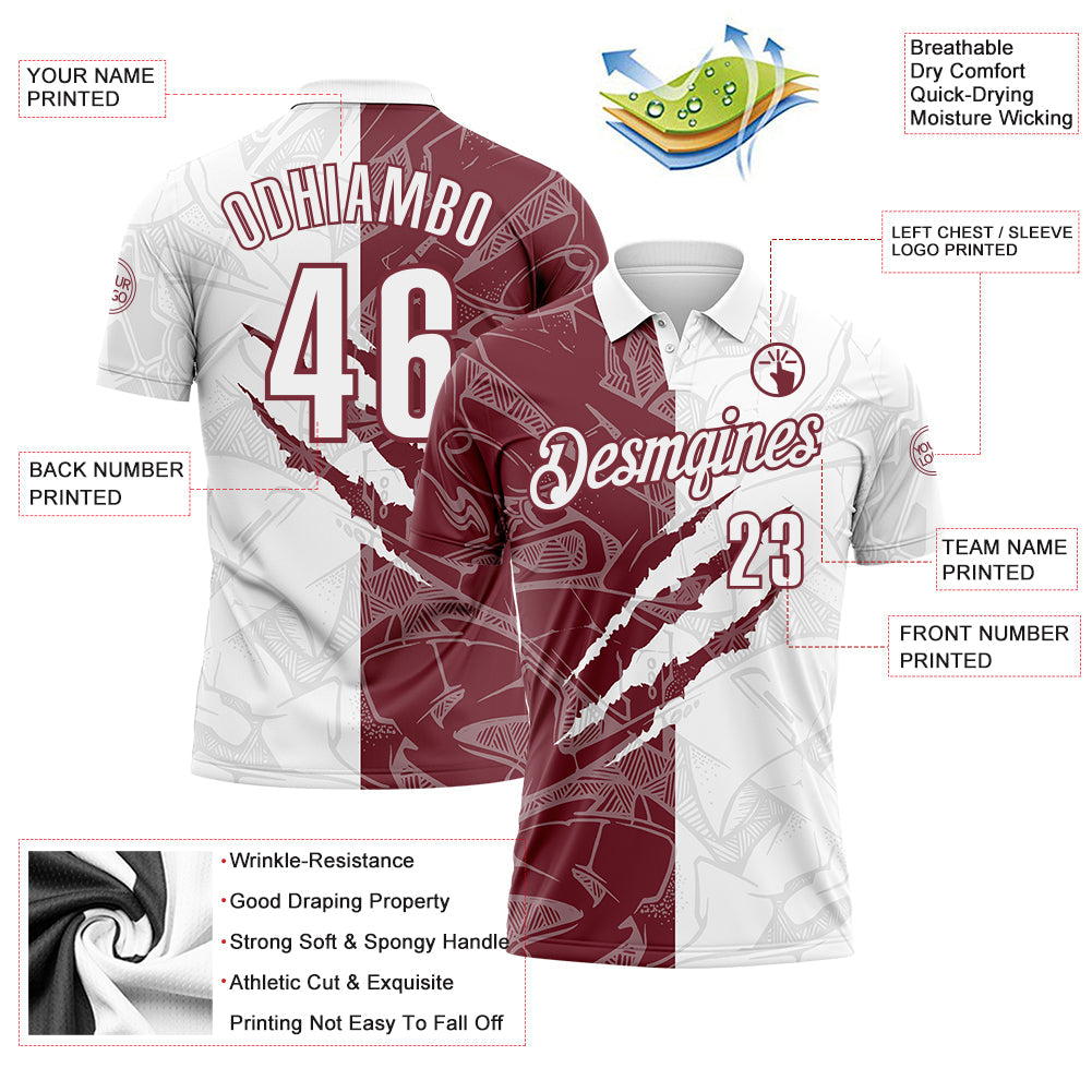 Custom Graffiti Pattern White-Burgundy 3D Scratch Performance Polo Shirt view 3