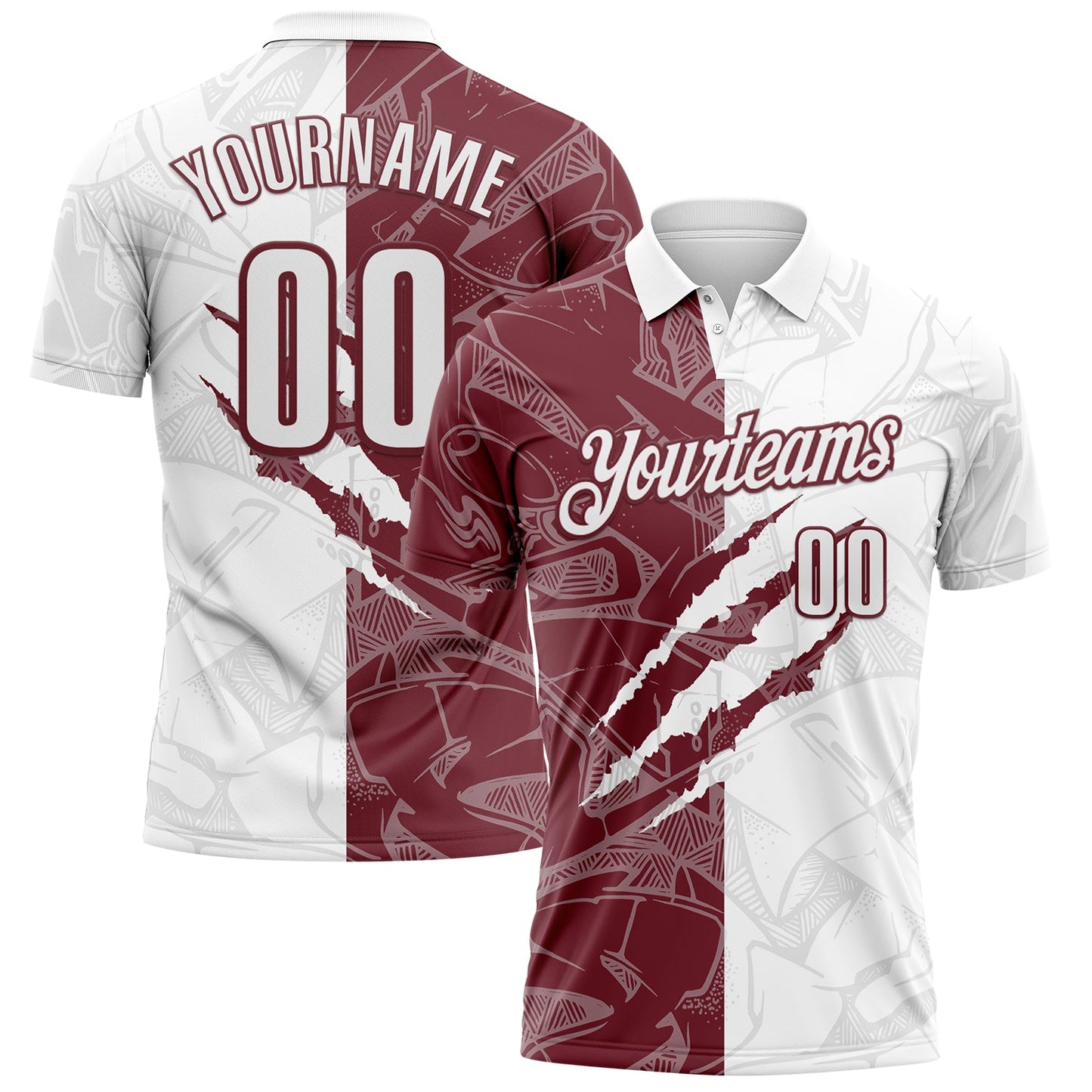 Custom Graffiti Pattern White-Burgundy 3D Scratch Performance Polo Shirt - Main View