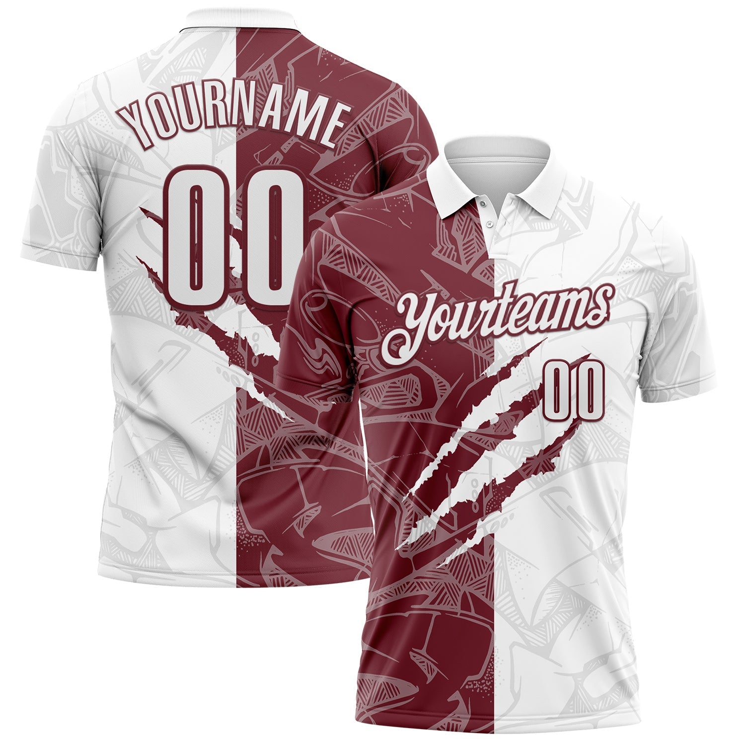 Custom Graffiti Pattern White-Burgundy 3D Scratch Performance Polo Shirt - Main View