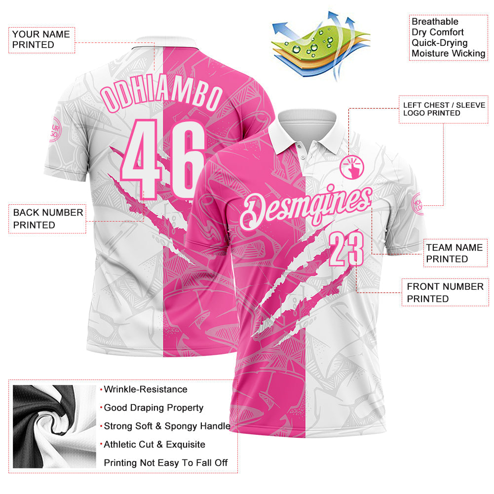 Custom Graffiti Pattern White-Pink 3D Scratch Performance Polo Shirt view 3
