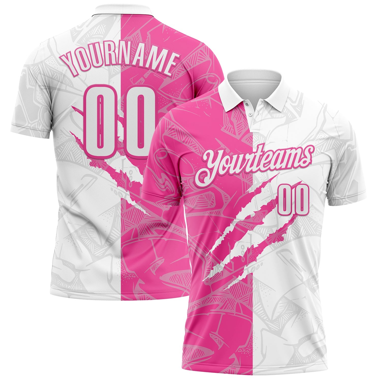 Custom Graffiti Pattern White-Pink 3D Scratch Performance Polo Shirt - Main View