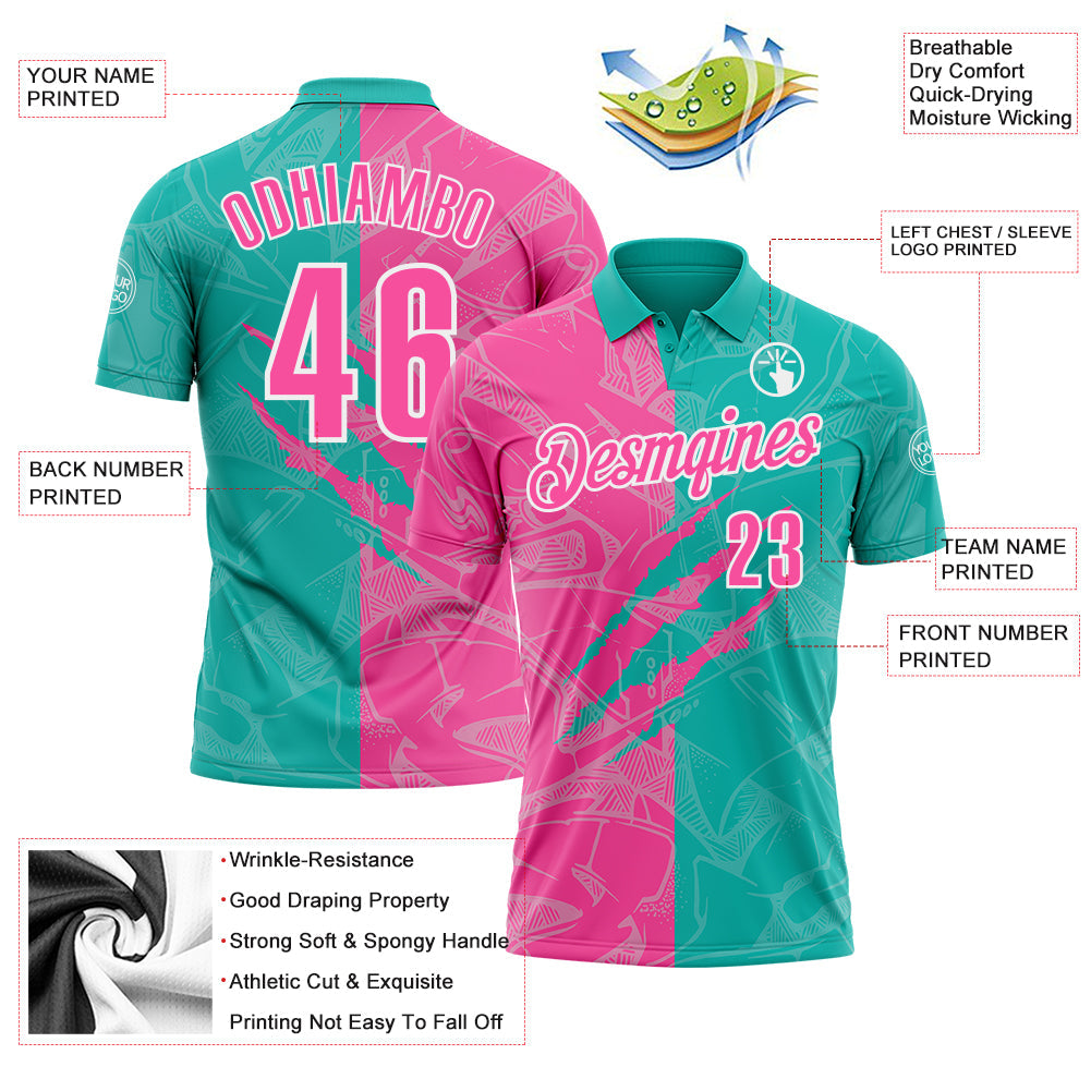Custom Graffiti Pattern Pink Aqua-White 3D Scratch Performance Polo Shirt view 3