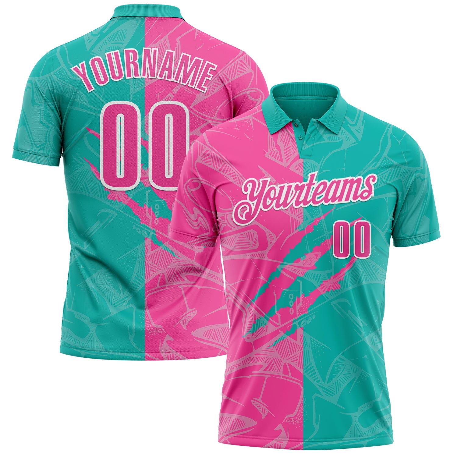 Custom Graffiti Pattern Pink Aqua-White 3D Scratch Performance Polo Shirt - Main View