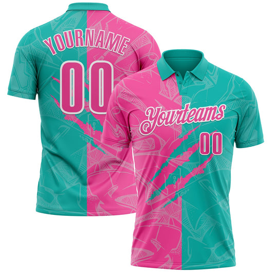 Custom Graffiti Pattern Pink Aqua-White 3D Scratch Performance Polo Shirt - Main View
