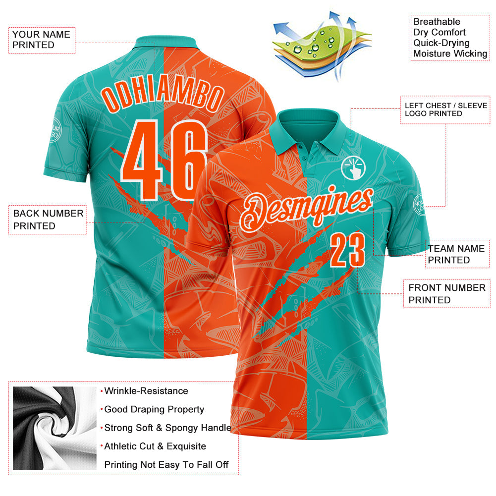 Custom Graffiti Pattern Orange Aqua-White 3D Scratch Performance Polo Shirt view 3