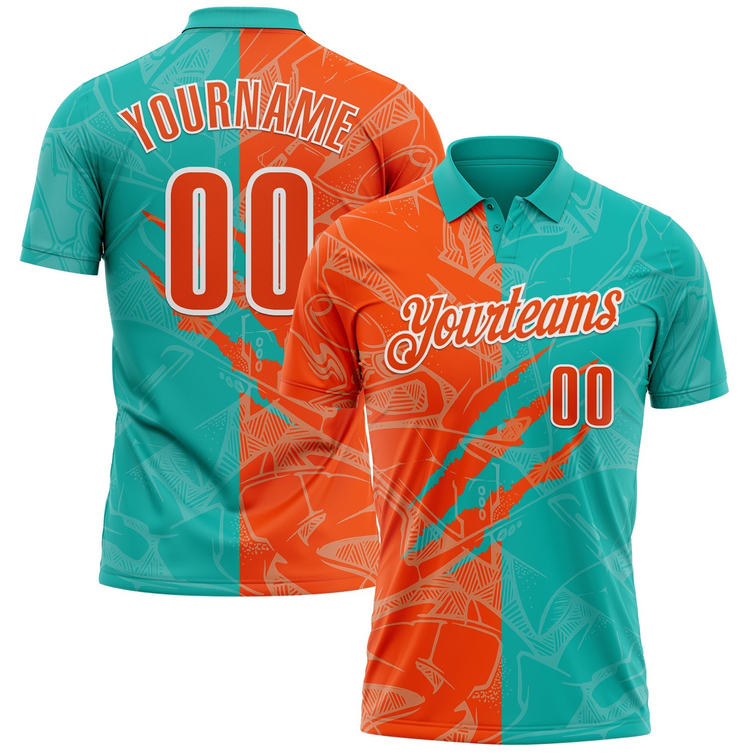 Custom Graffiti Pattern Orange Aqua-White 3D Scratch Performance Polo Shirt - Main View