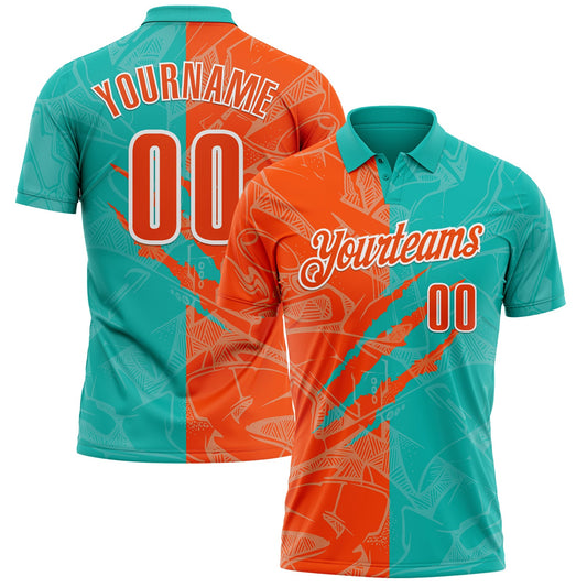 Custom Graffiti Pattern Orange Aqua-White 3D Scratch Performance Polo Shirt - Main View