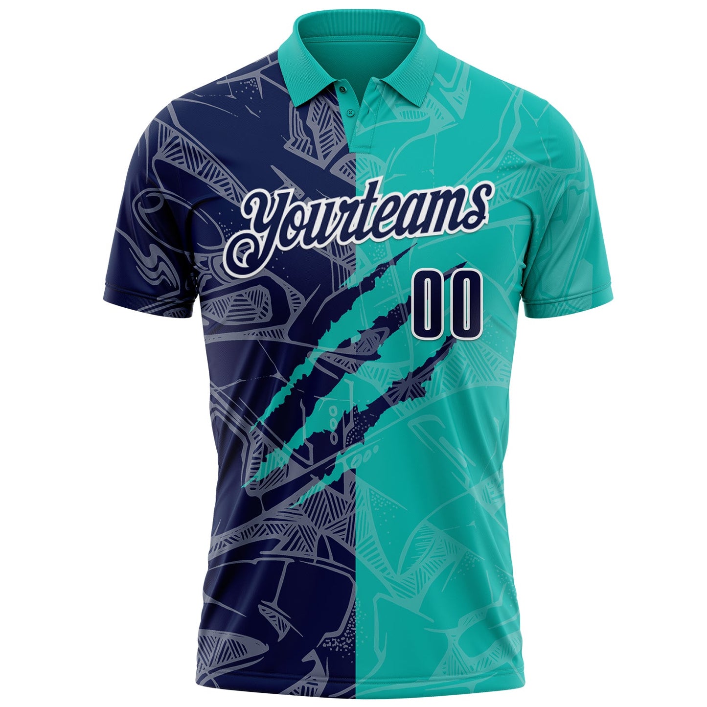 Custom Graffiti Pattern Navy Aqua-White 3D Scratch Performance Polo Shirt view 2