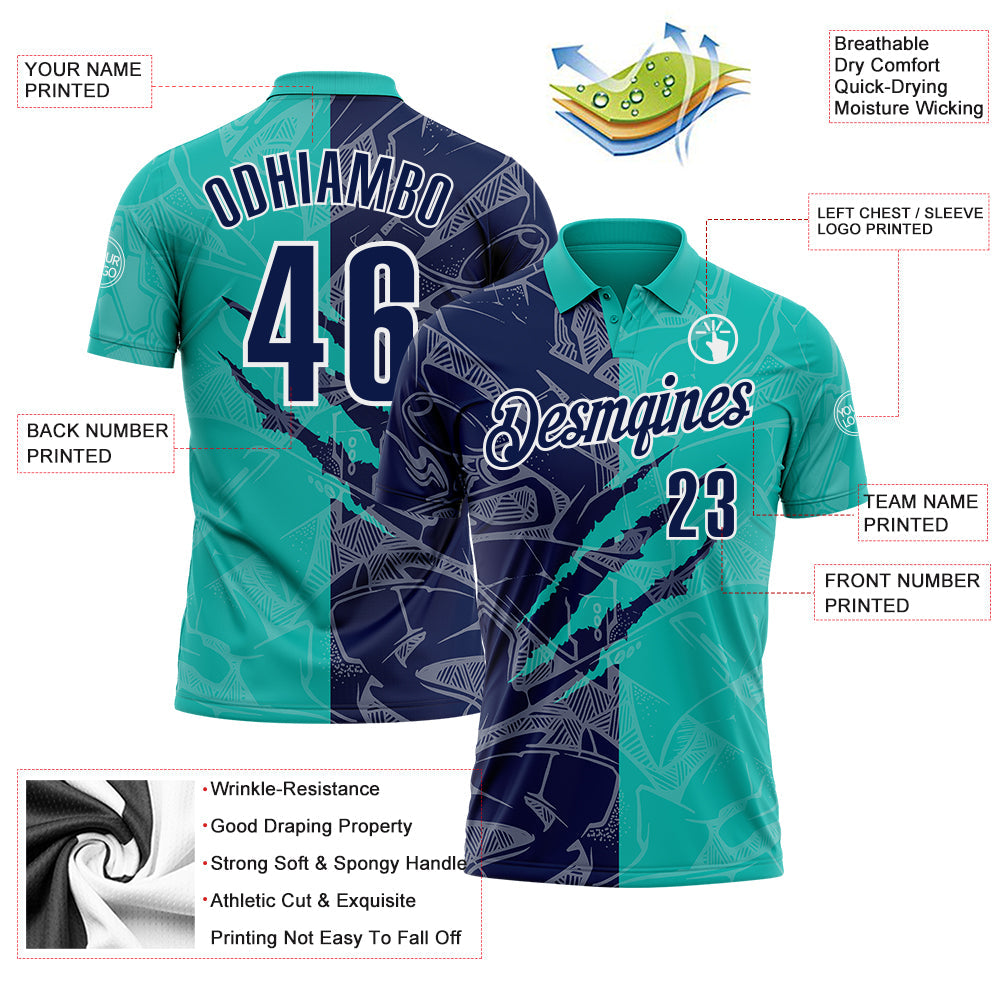 Custom Graffiti Pattern Navy Aqua-White 3D Scratch Performance Polo Shirt view 3