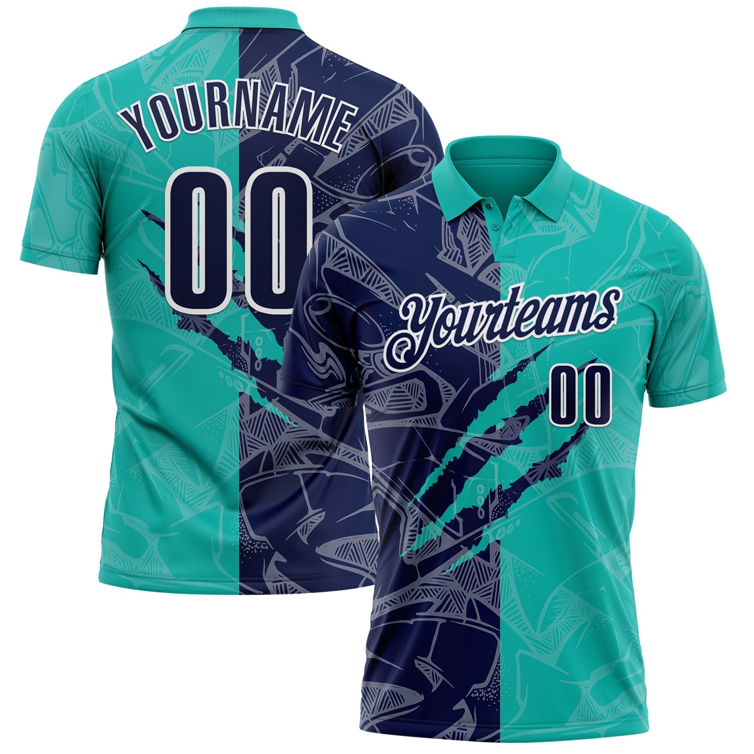 Custom Graffiti Pattern Navy Aqua-White 3D Scratch Performance Polo Shirt - Main View