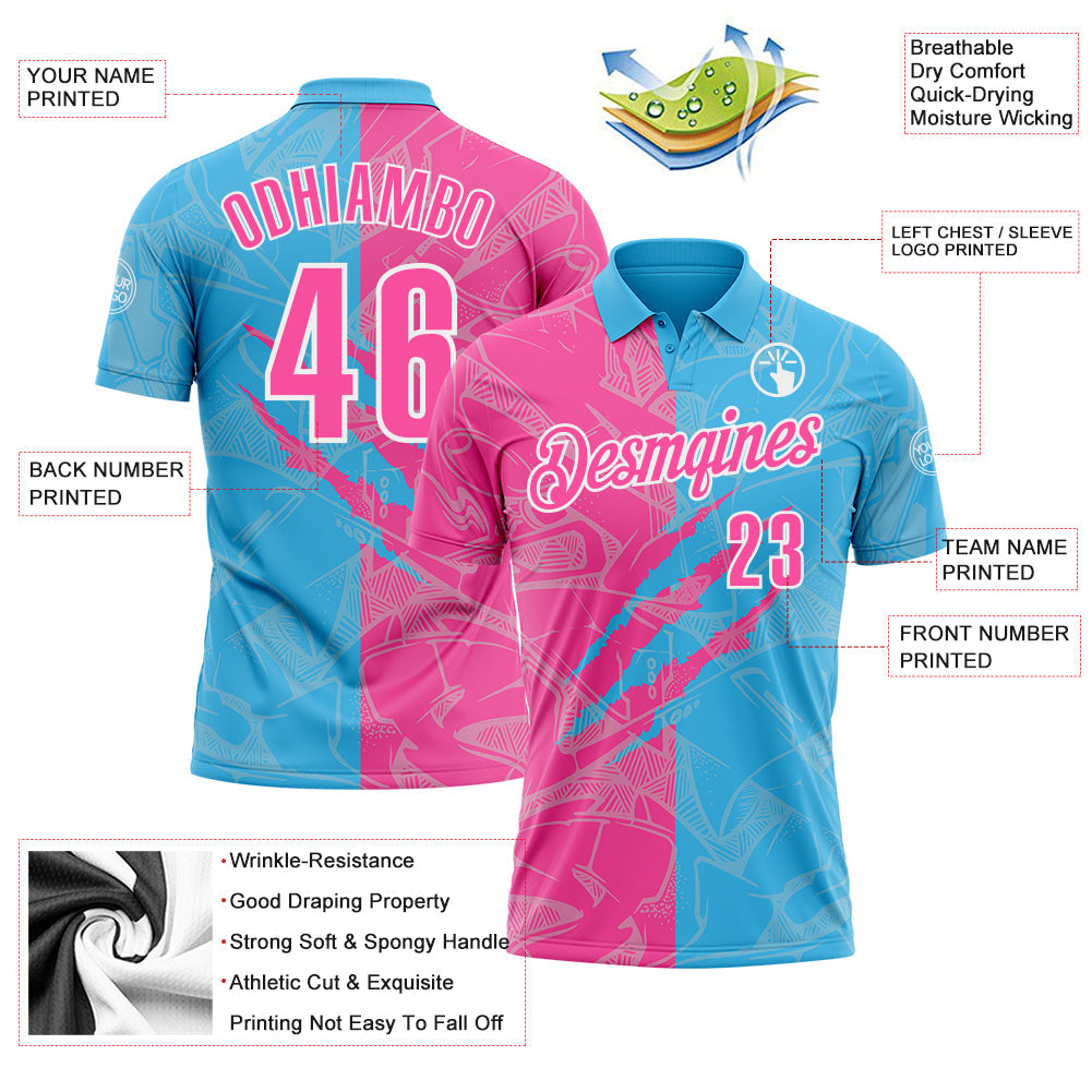 Custom Graffiti Pattern Pink Sky Blue-White 3D Scratch Performance Polo Shirt view 3